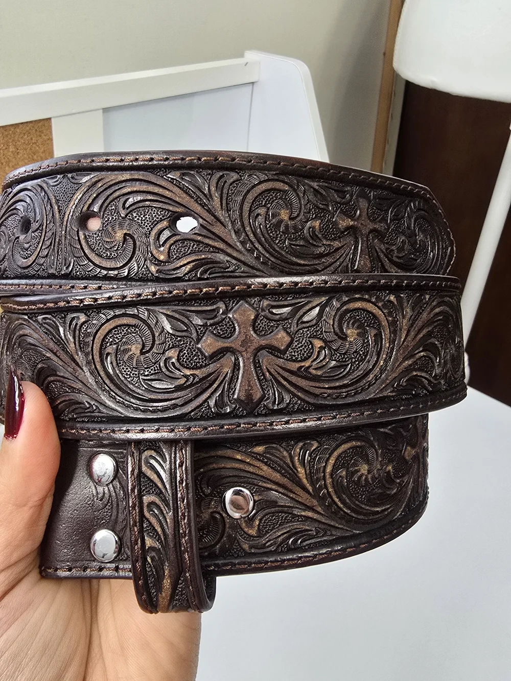 Nocona Tooled Dark Brown Leather Belt with Cross Motif